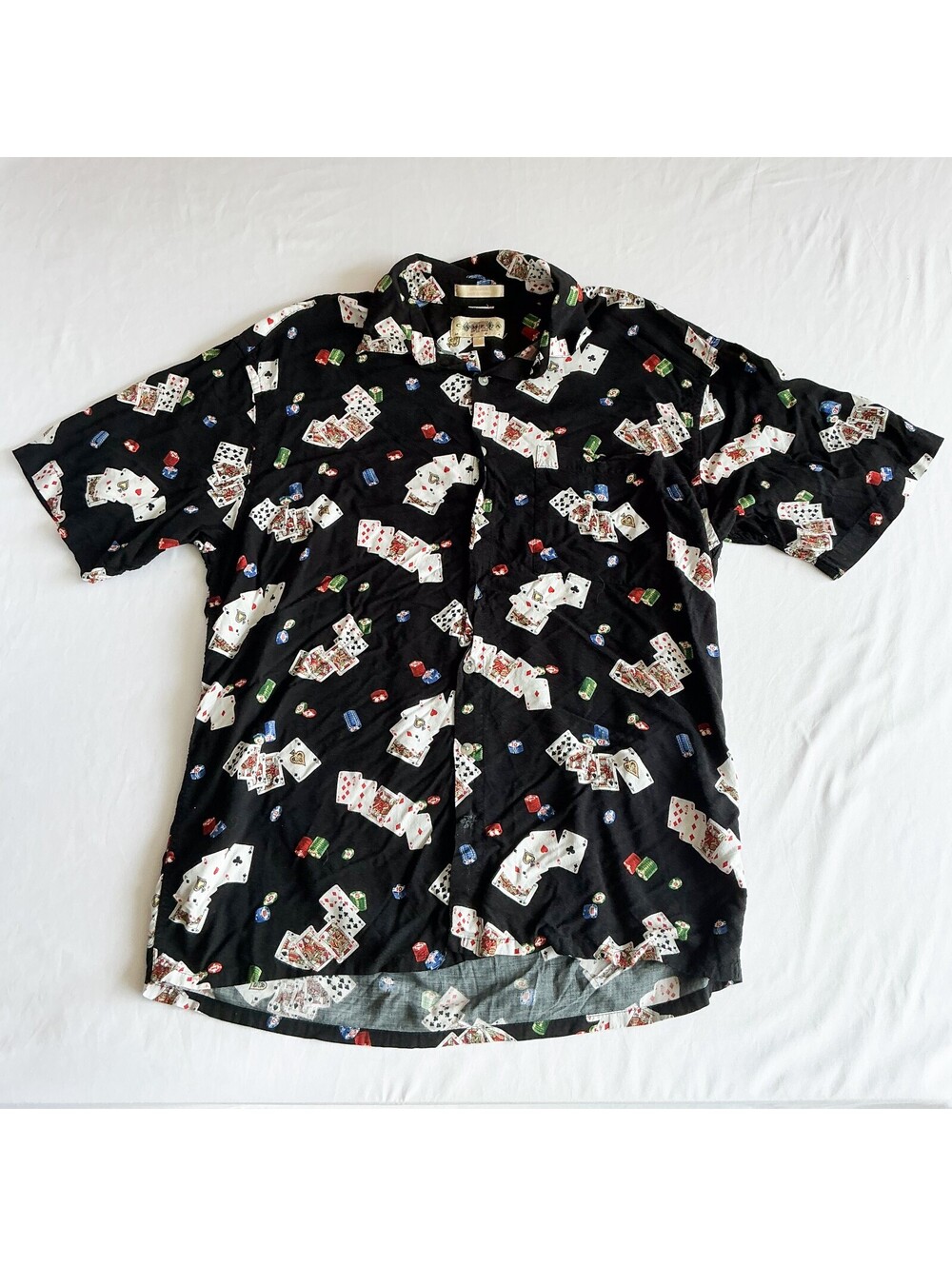Vintage Campia Black Button-Up Shirt with Playing Cards and Poker Chips Print,